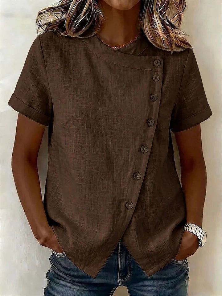 New Solid-Color Cross-Neckline Short-Sleeve Loose Cotton-Linen Asymmetrical Top 