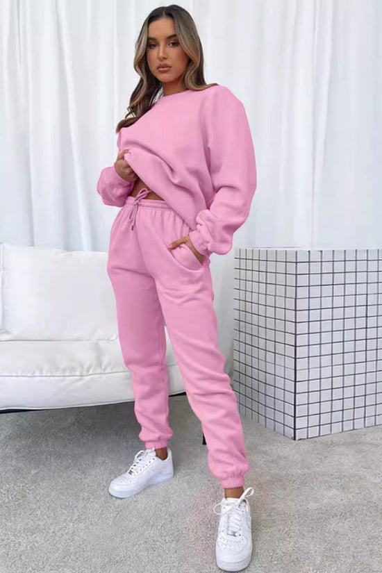 👚 Women's Solid Color Round Neck Pullover Sweatshirt & Pants Set FitiqueFit