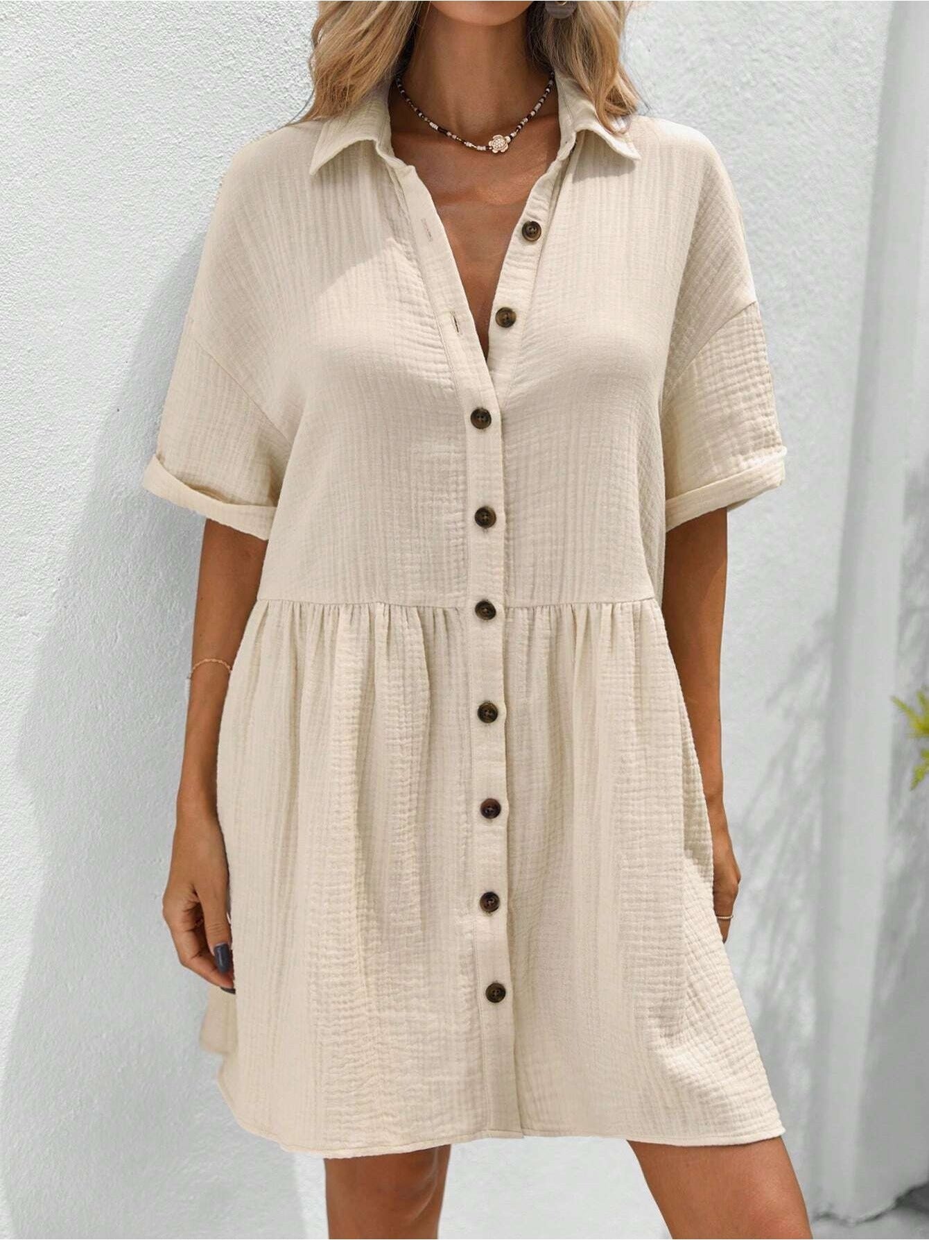 Women's Holiday Loose Solid Color Casual Summer Shirt Dress With Ruffles CJ US