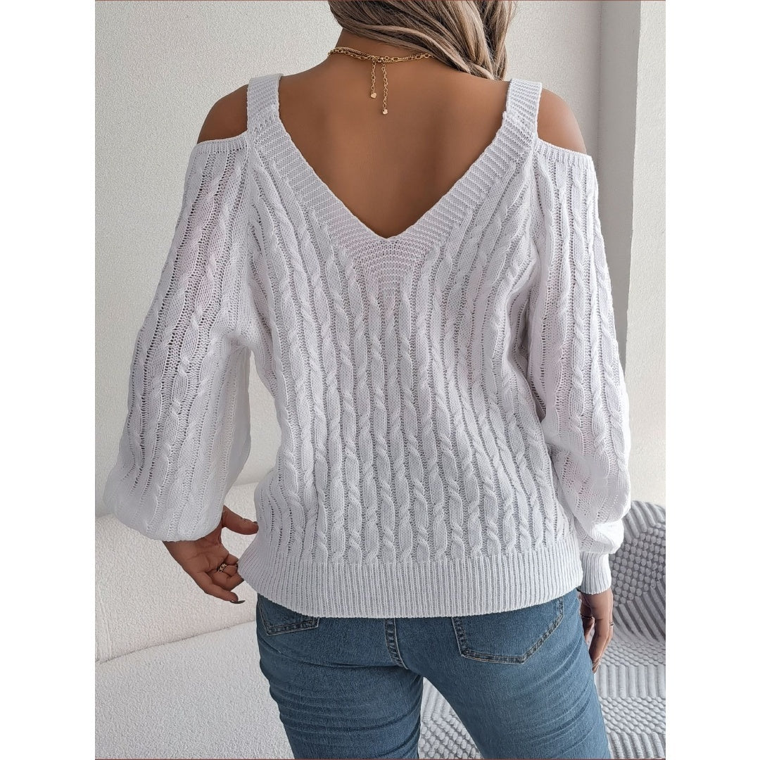 Real Shot Autumn-Winter 2025 Casual Solid Color Fried Dough Twists Off Shoulder Lantern Sleeve Sweater CJ US
