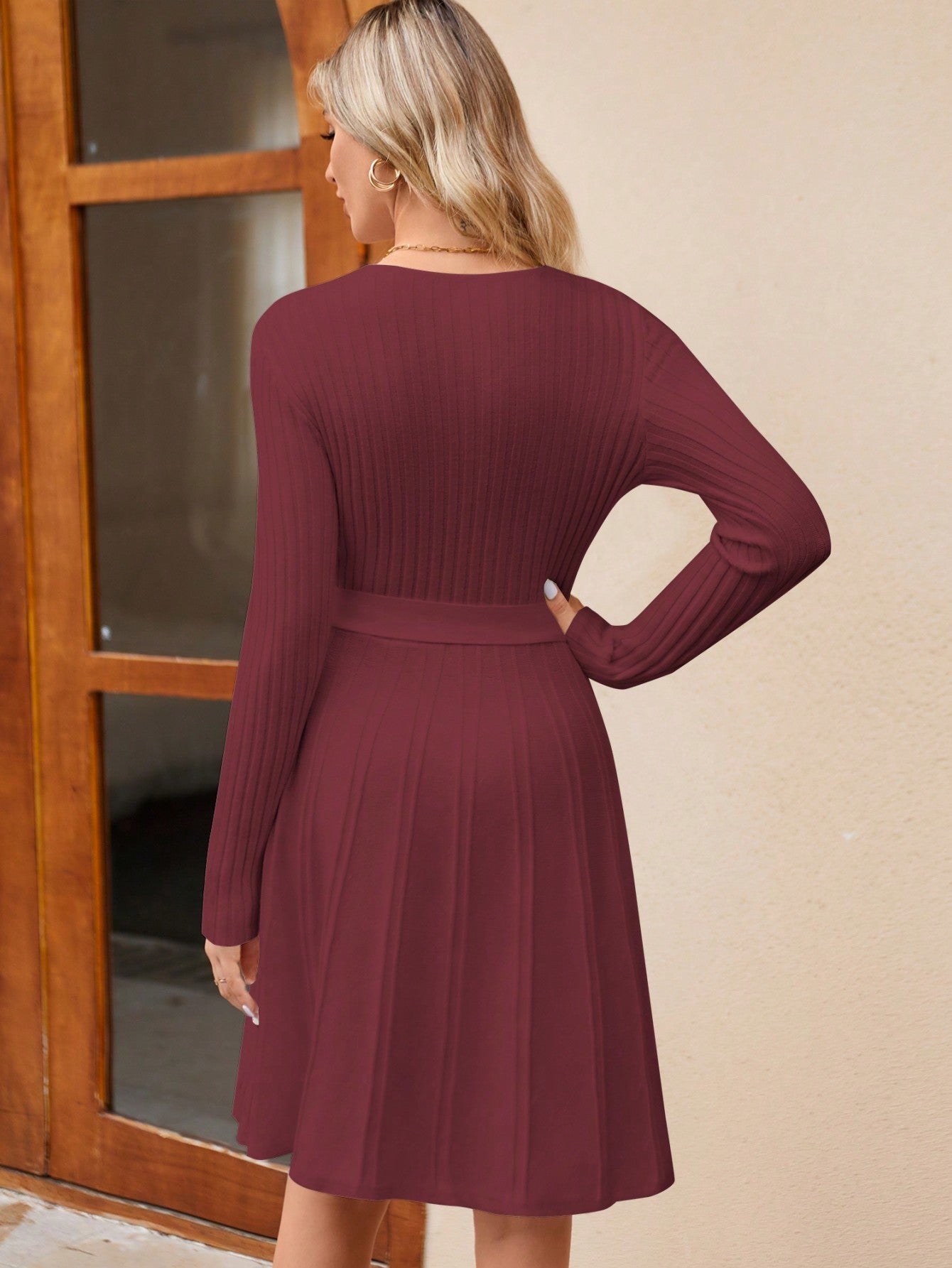 Women's Wrap A-Line Knit Dress Long Sleeve CJ US