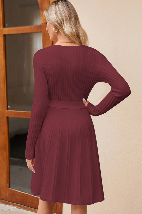 Women's Wrap A-Line Knit Dress Long Sleeve CJ US