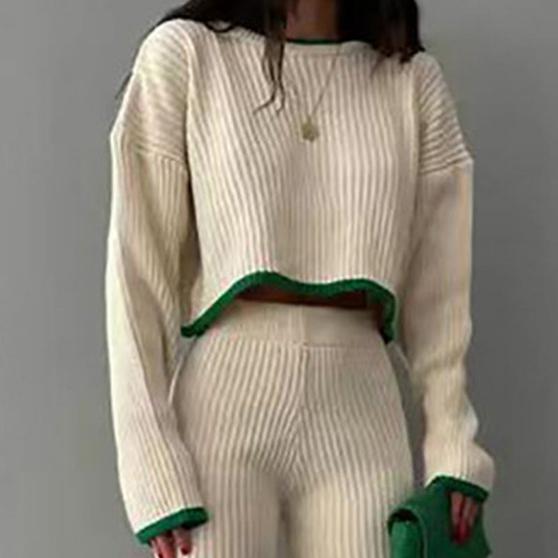 Women's Casual Color-Block Two Piece Set, Long Sleeve Crop Top With Slim Slit Pants, Spring&Autumn Comfort Outfit 