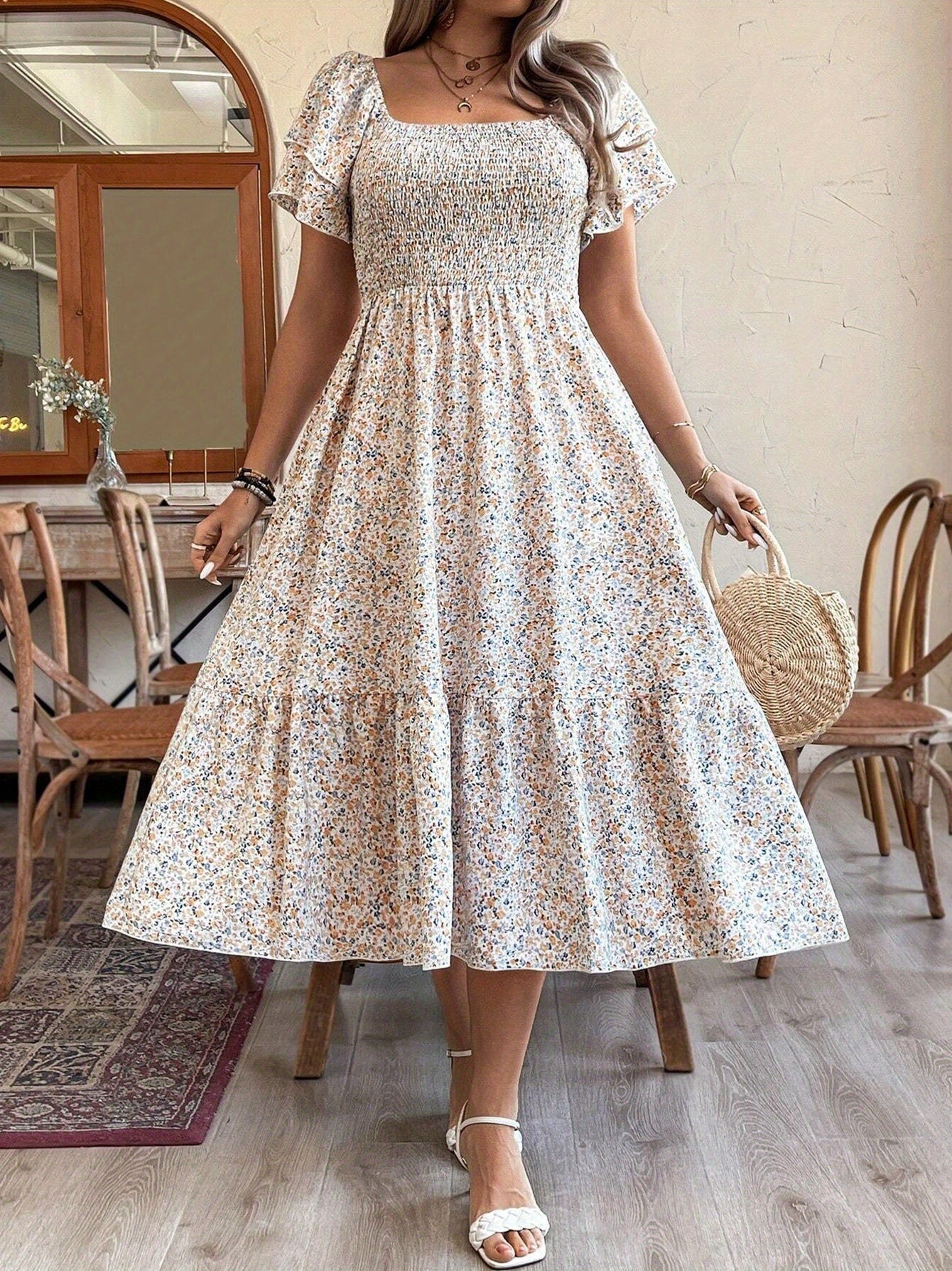 Women's Plus Size Backless Midi Dress For Summer Party - Elegant Pleated Printed Dress CJ US