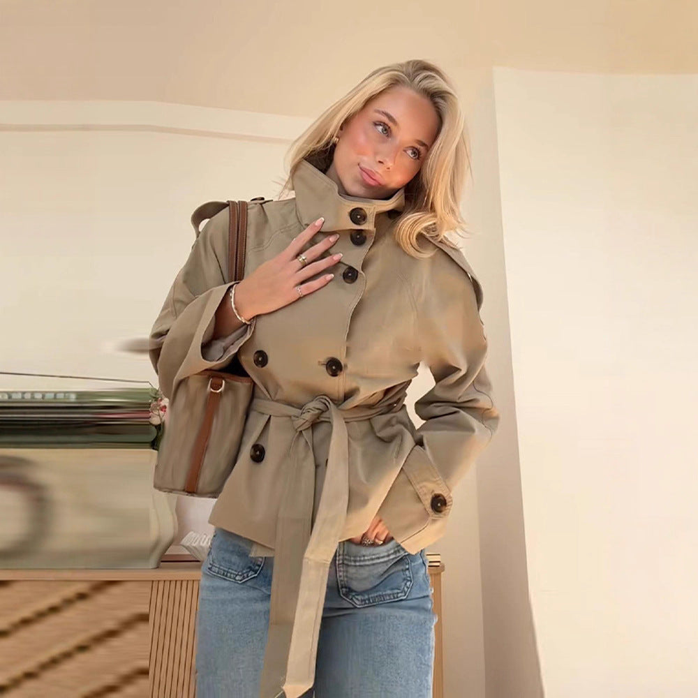 Womens Buttoned Waist-Cinching Lace-Up Trench Coat 