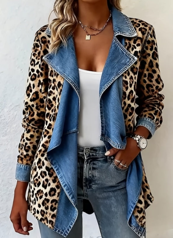 Patchwork Denim Collar Women's Long-sleeved Mid-length Coat 