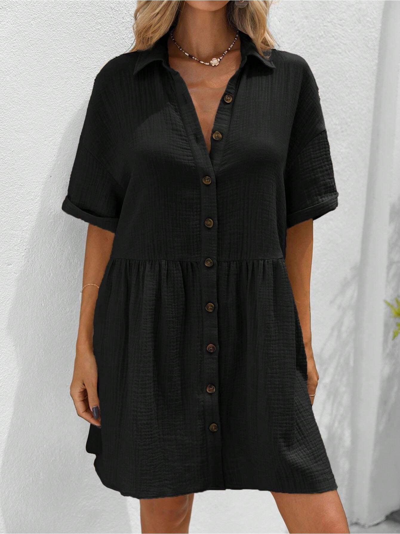 Women's Holiday Loose Solid Color Casual Summer Shirt Dress With Ruffles CJ US
