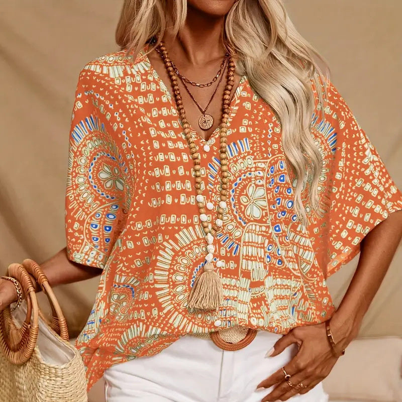 Women's V-Neck Mandala Print Blouse Short Batwing Sleeve Casual Vacation Top CJ US