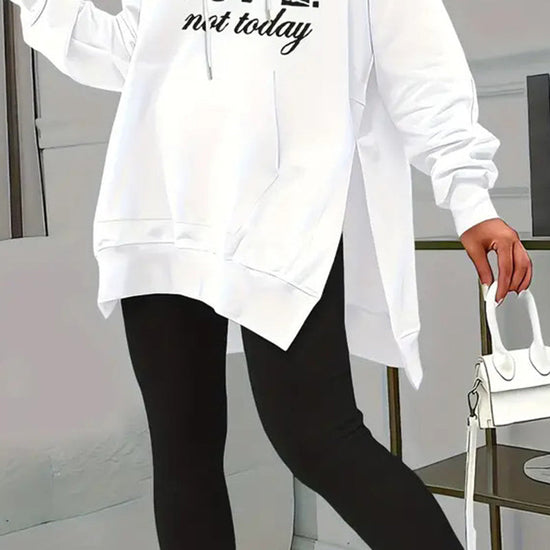 Women's Casual 2-Piece Set Solid Color Leggings & Letter Print Pocket Drawstring Hooded Sweatshirt With Split Hem Spring Fall Fashion Outfit CJ US