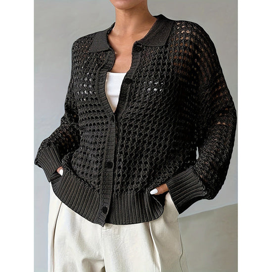 Women's Plus Size Cardigan Lightweight Hollow Out V-Neck Button Down Long Sleeve Knit Coat, 0XL-4XL CJ US
