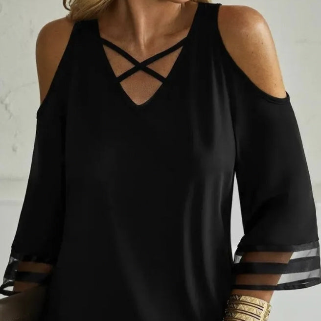 Ladies' Solid Color Collar Cross Design Off Shoulder Fashionable Casual Mid Long Sleeved T-shirt Top CJ US