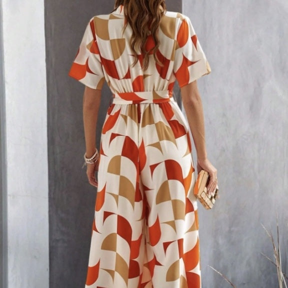 Women's Geometric Pattern Printed Lace Up Shirt Jumpsuit CJ