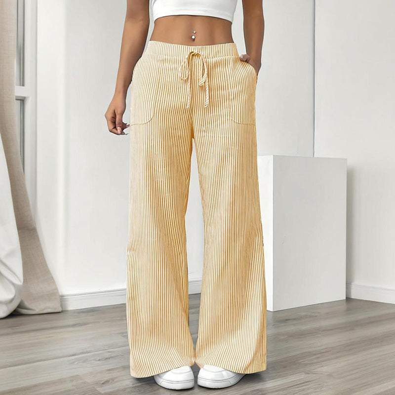 Women's Striped Print Straight Wide Leg Pants Drawstring Waist Slant Pockets Pants Casual Long Pants CJ US