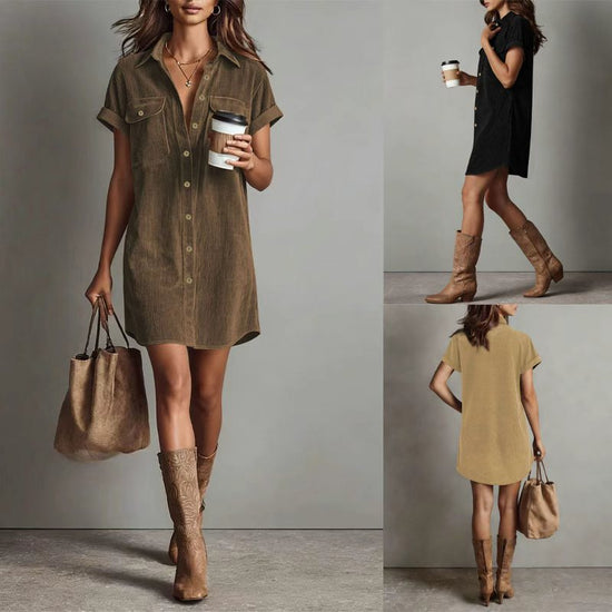 Retro Casual Corduroy Shirt Dress Loose Short-Sleeve Dress 