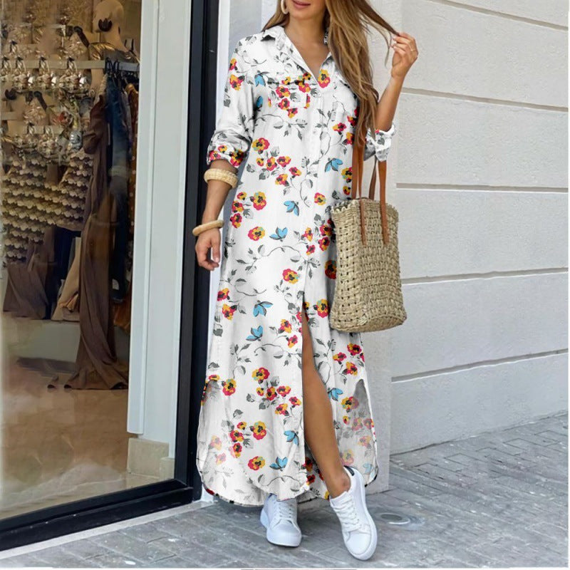 Lapel-collar Long Shirt Dress For Women 