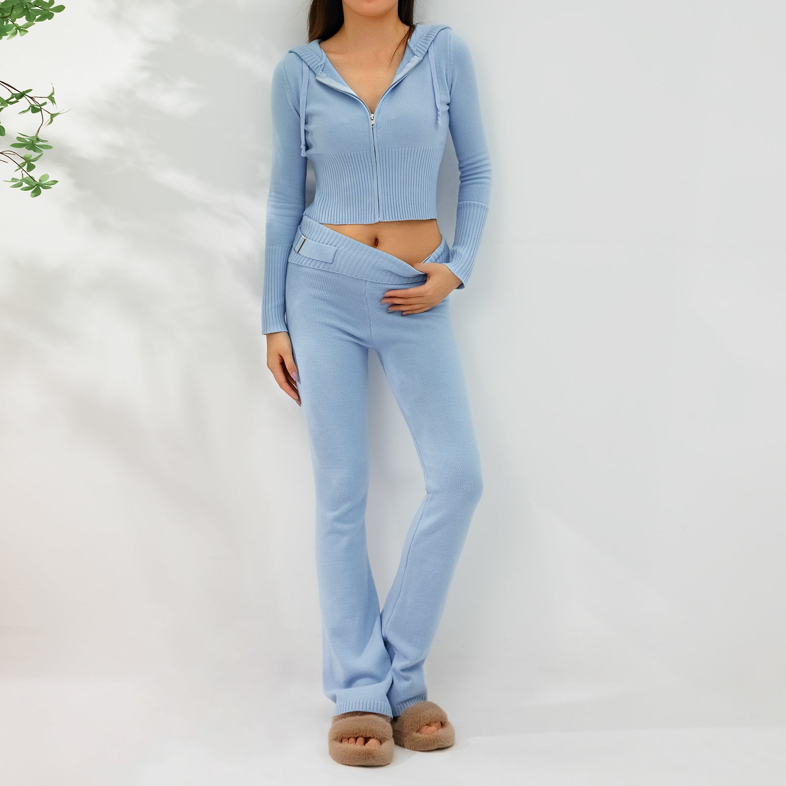 Women’s Knitted Hooded Two-Piece Set – Cardigan & High-Waisted Pants Suit - FitiqueFit