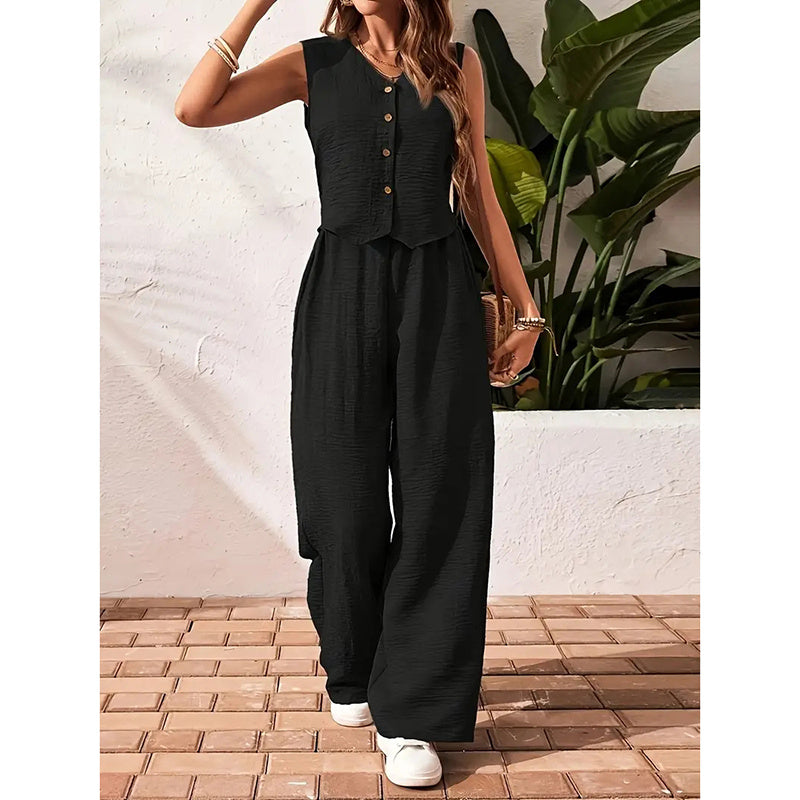 Womens Two Piece Outfits Summer Fashion Button V Neck Crop Vest Blazer And Wide Leg Pants Suit Matching Sets CJ US