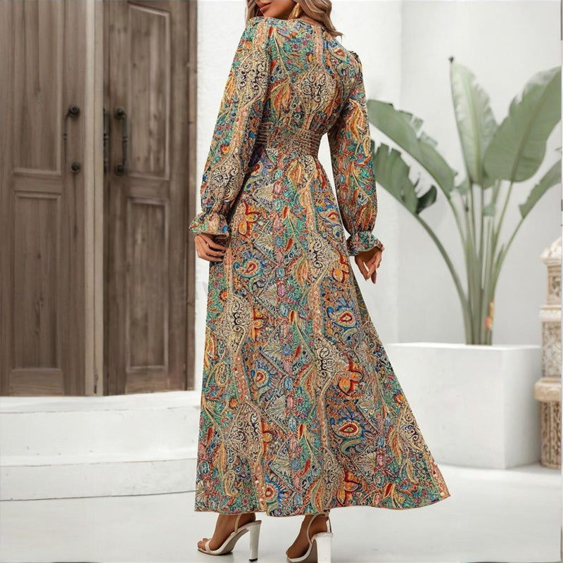 Women's V-Neck Retro Geometric Print Flounce Sleeve Dress - A-Line Maxi Dress With Smocked Waist For Spring&Summer CJ US