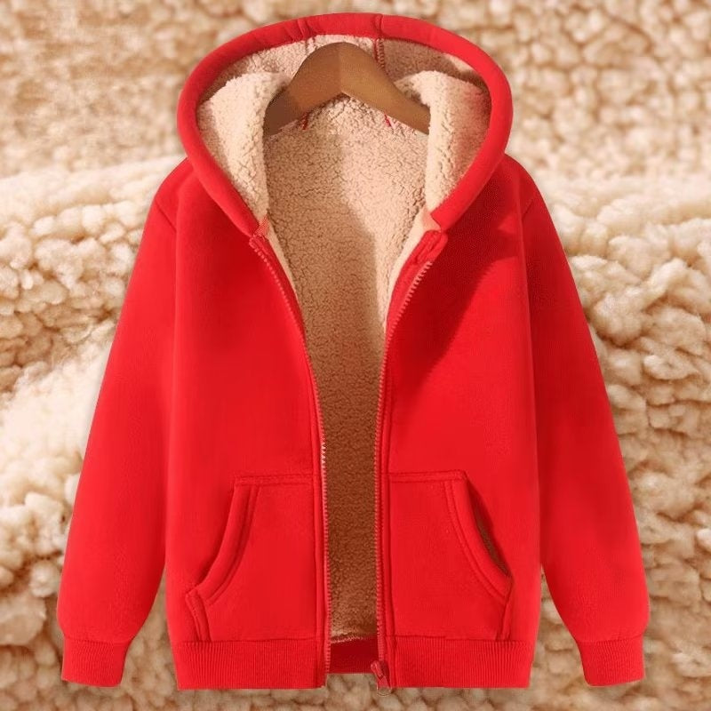 Women's Simple Solid Color Cold-proof Warm Berber Fleece Hooded Jacket 