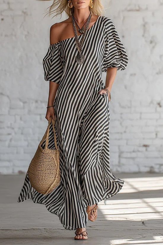 Womens Striped Off-shoulder Dress 