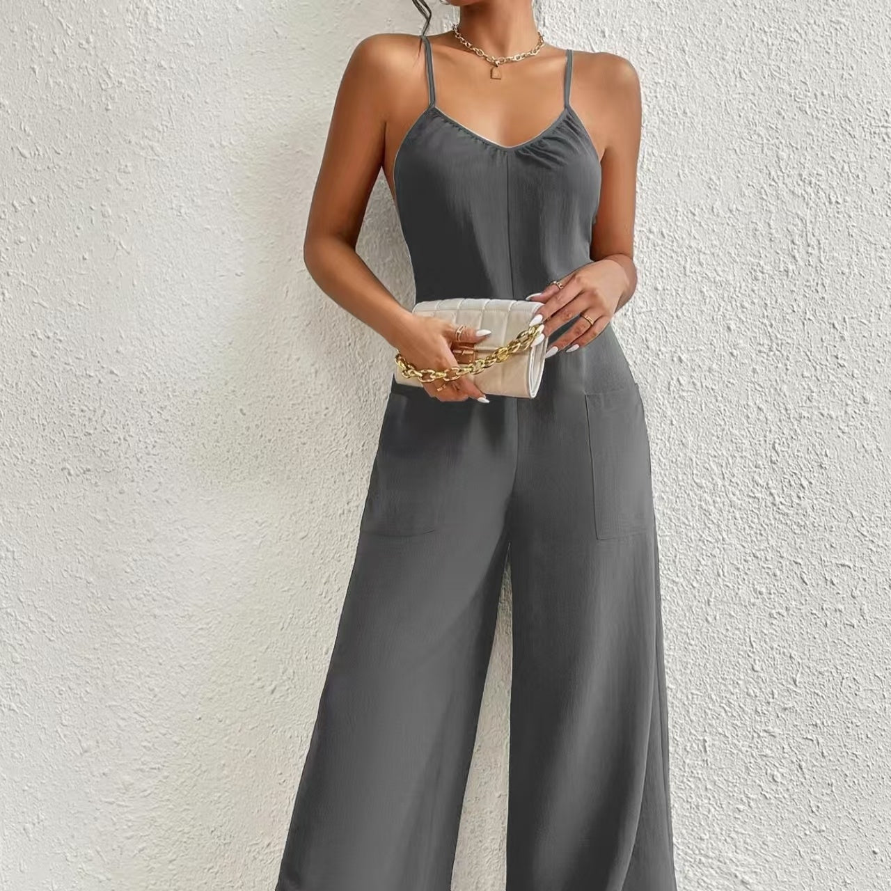 Ladies' Solid Color Chest Pleated Design Cross Suspender Sexy Jumpsuit CJ US
