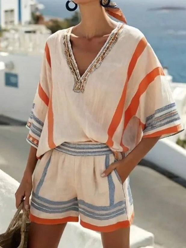 Linen Striped Printed V-Neck Top And Shorts Set For Women 