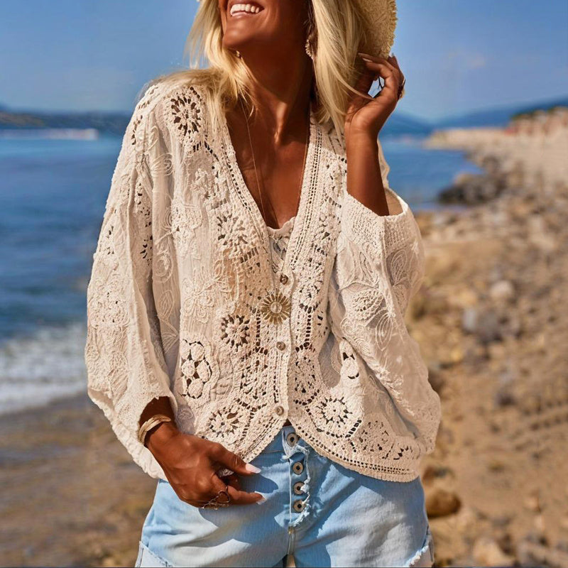 Boho Lace V-Neck Cardigan – Lightweight Semi-Sheer Beach Cover-Up CJ US