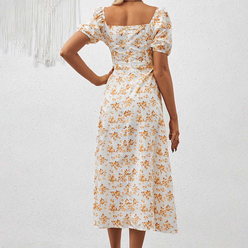 Women's Square Neck Floral Print Dress With Puff Sleeves & Side Slit - Elegant Spring Summer Boho Maxi Dress CJ US