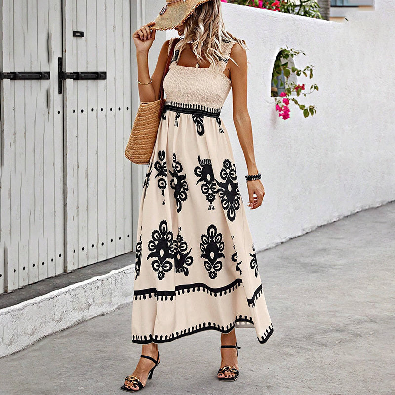 Women's Wide Strap Printed Maxi Dress With Bust Pleats, A-Line Vacation Dress CJ US