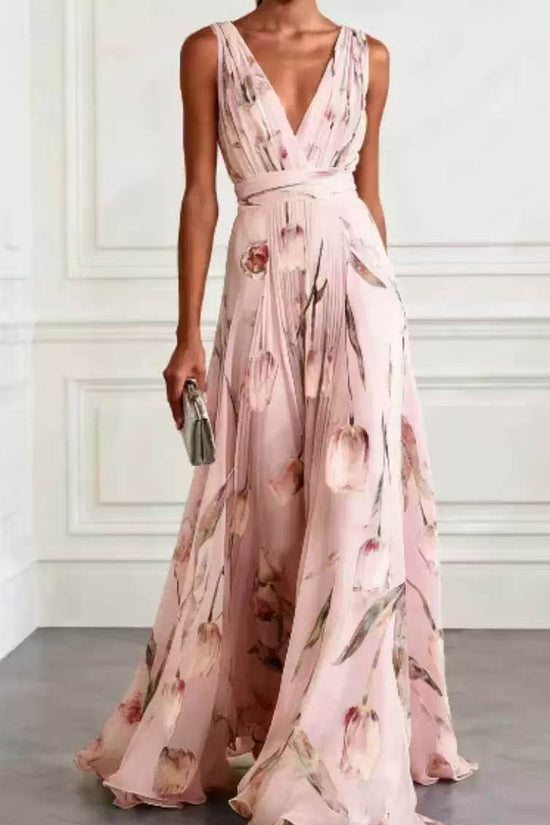 Tulip Print Evening Dress for Women Sleeveless V-Neck Long Dress 