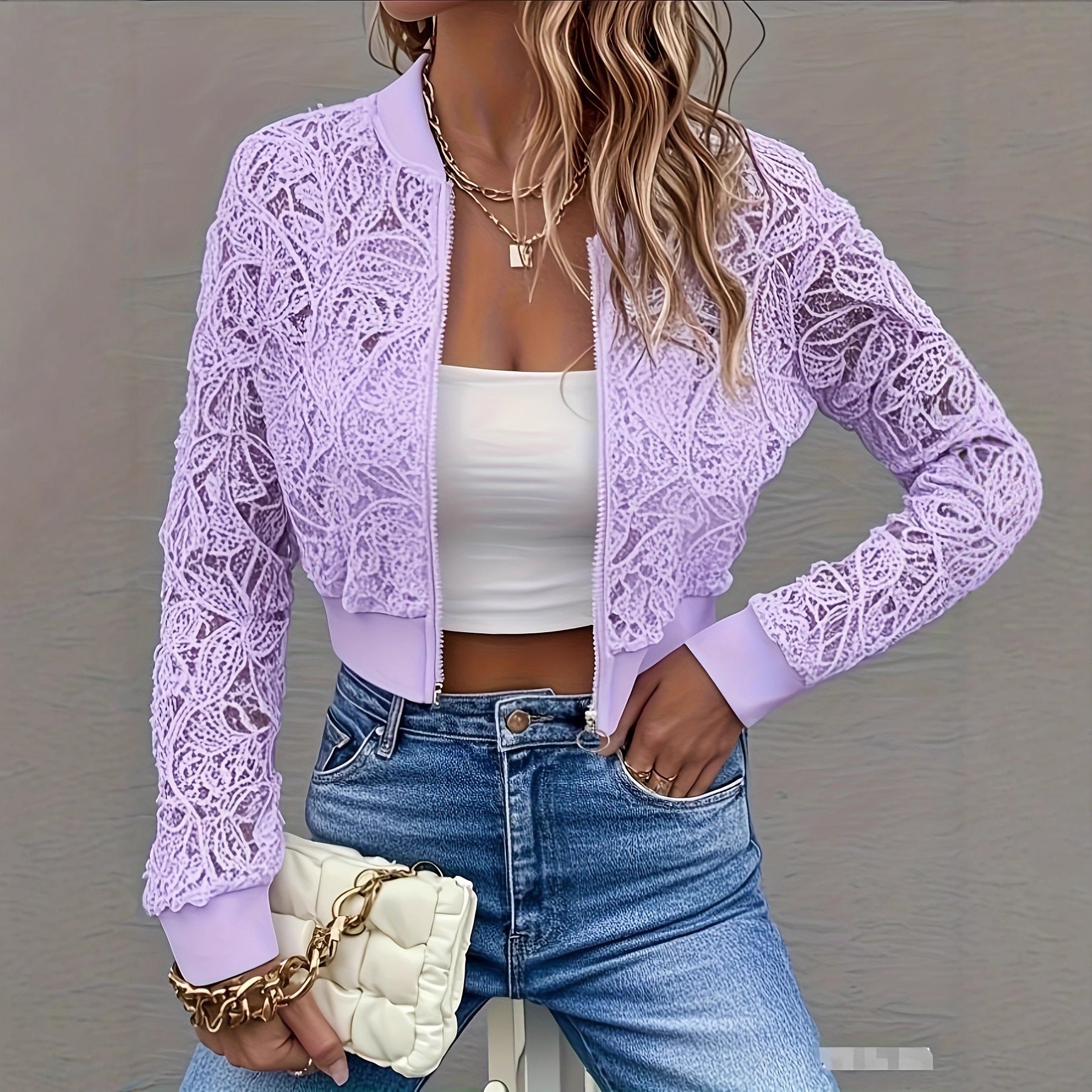 Women's Elegant Lace Short Zip-Up Long Sleeve Jacket Spring Fall Top 