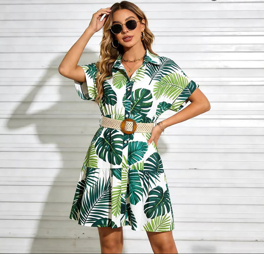 Womens Slimming Belt Short-Sleeve Dress 