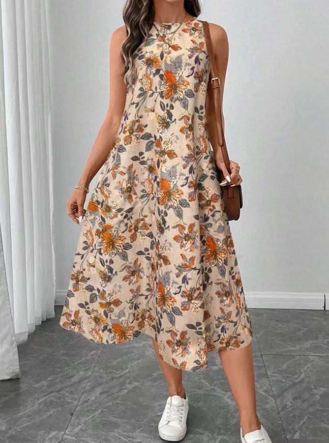 Womens Printed All-Match Sleeveless Pocketed Dress 