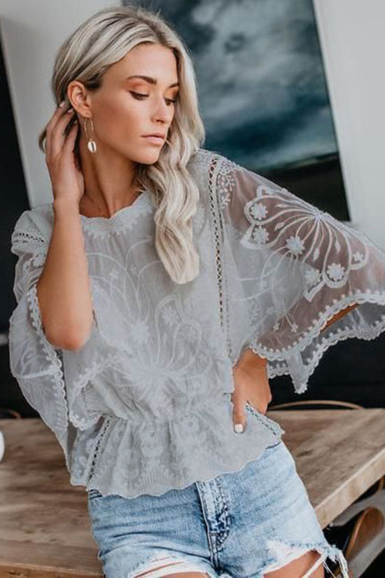 Womens New Arrival Lace Trim Top Short-Sleeve Shirt Loose Batwing Sleeve 