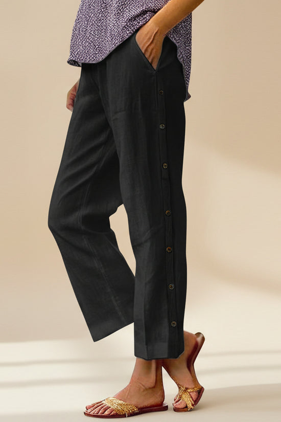 Cropped Pants With Decorative Buttons Along The Side Seams 