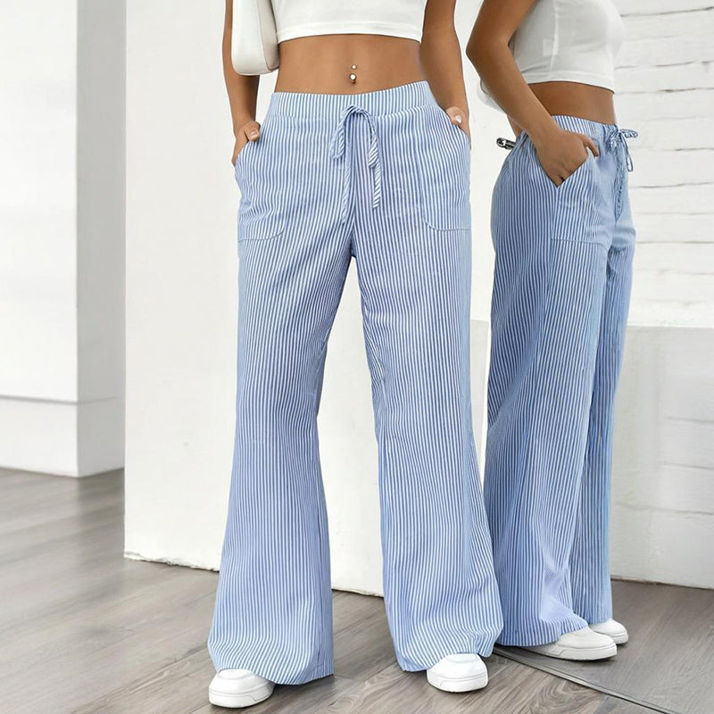 Women's Striped Print Straight Wide Leg Pants Drawstring Waist Slant Pockets Pants Casual Long Pants CJ US