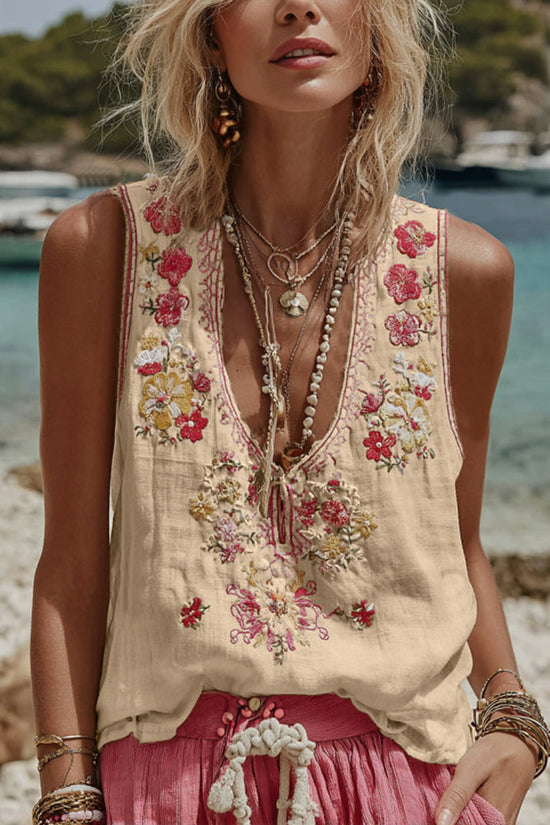 Womens V-Neck Tank Top With A Botanical Floral Print 