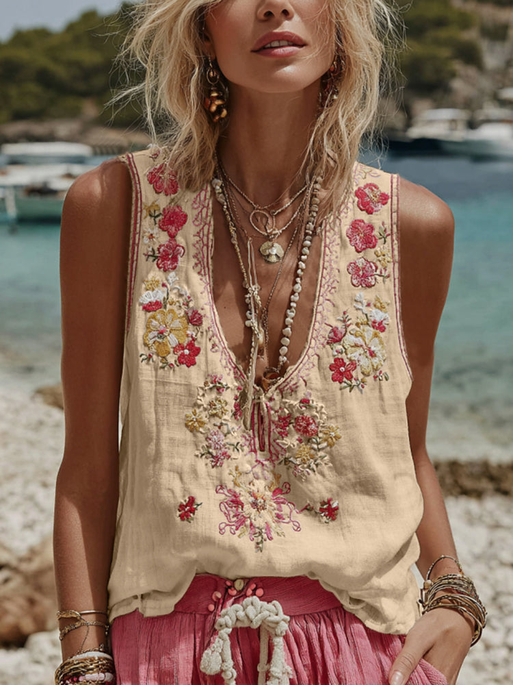 Womens V-Neck Tank Top With A Botanical Floral Print 