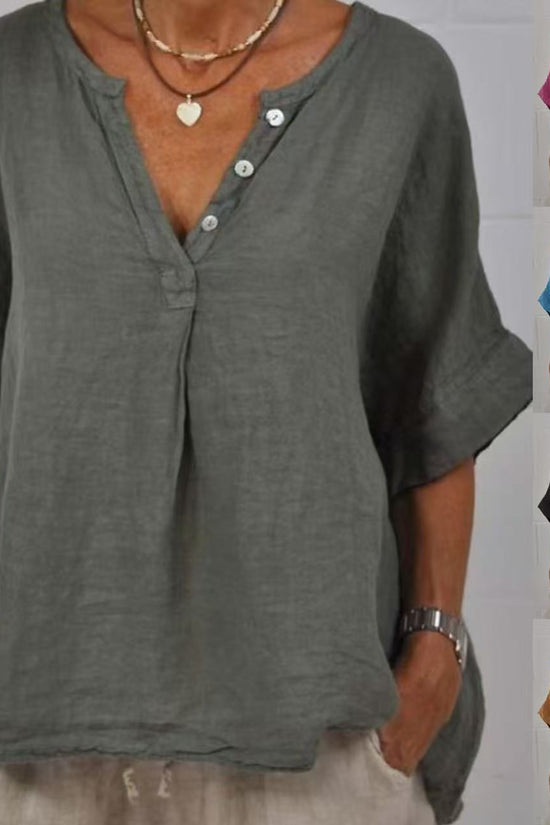 Cotton-linen Solid-color Door-cuff V-neck Button-up Shirt 