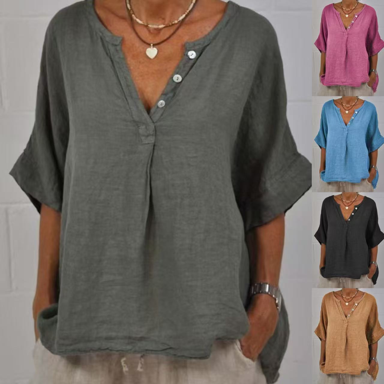 Cotton-linen Solid-color Door-cuff V-neck Button-up Shirt 