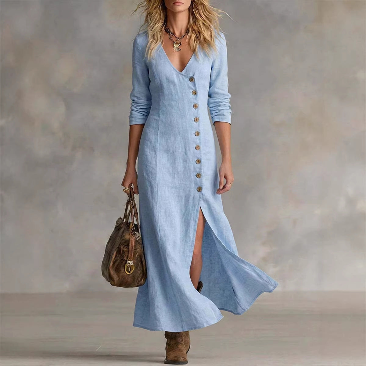 Fashionable Casual Cotton-Linen Long-Sleeve Womens Dress 