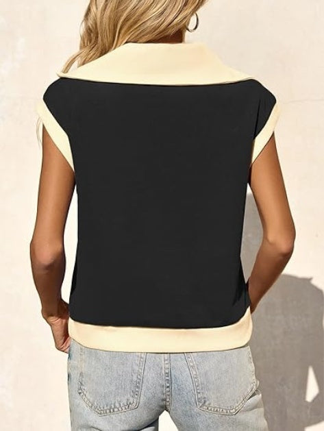 Fisoew Womens Half Zip Sweatshirts Short Sleeve Color Block Lapel V Neck Loose Summer Pullover Tops CJ US