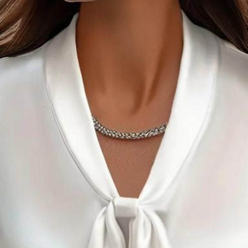 Women's Elegant Satin Blouse, Long Sleeve Button Down Shirt With Ribbon Detail For Office Work CJ US