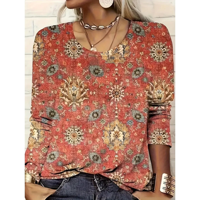 Womens Trendy Long Sleeve Tee Shirts Casual Loose Geometric Print Fall Tops CJ US