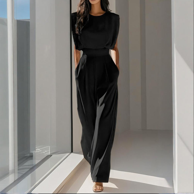 Women's Solid Color Round Neck Short Sleeve Wide-Leg Jumpsuit With Waist Design & Pockets Casual Romper For Spring&Summer CJ US