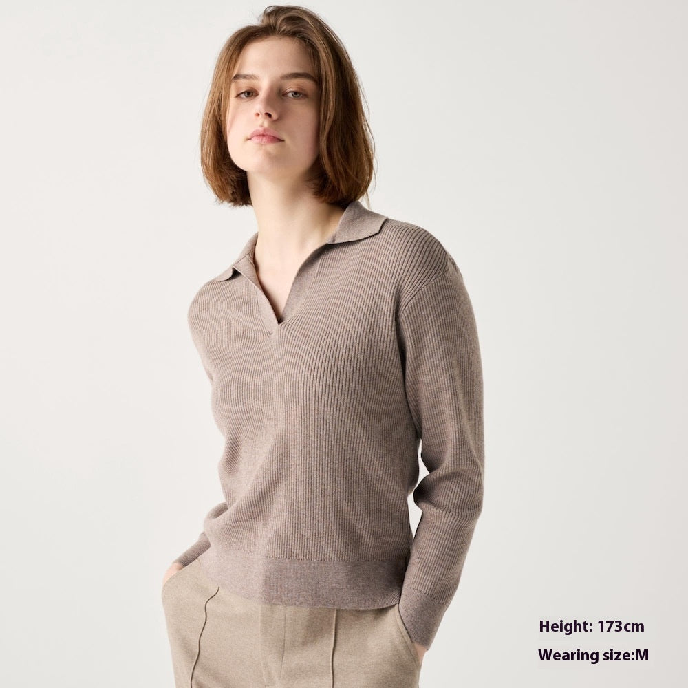 Women's Machine Washable Rib Half-open Collar Sweater CJ