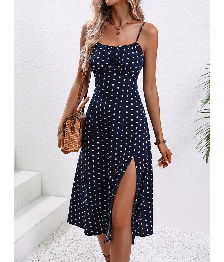 New Polka Dot Print Suspender Dress Summer Sexy Split Long Dresses For Womens Clothing FitiqueFit