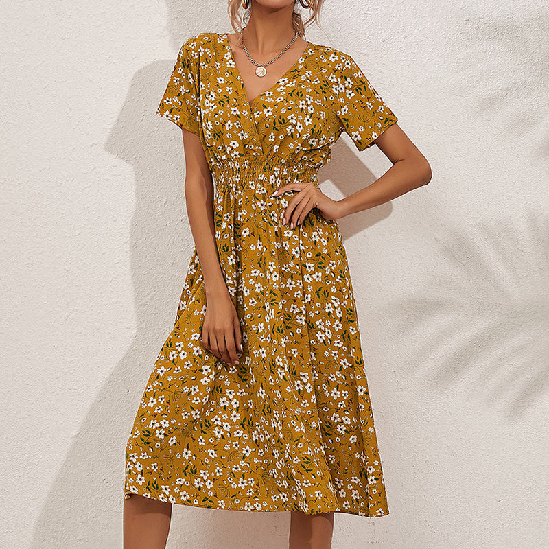 Women's V-Neck Floral Print Dress - A-Line Waisted Summer Maxi Dress CJ US