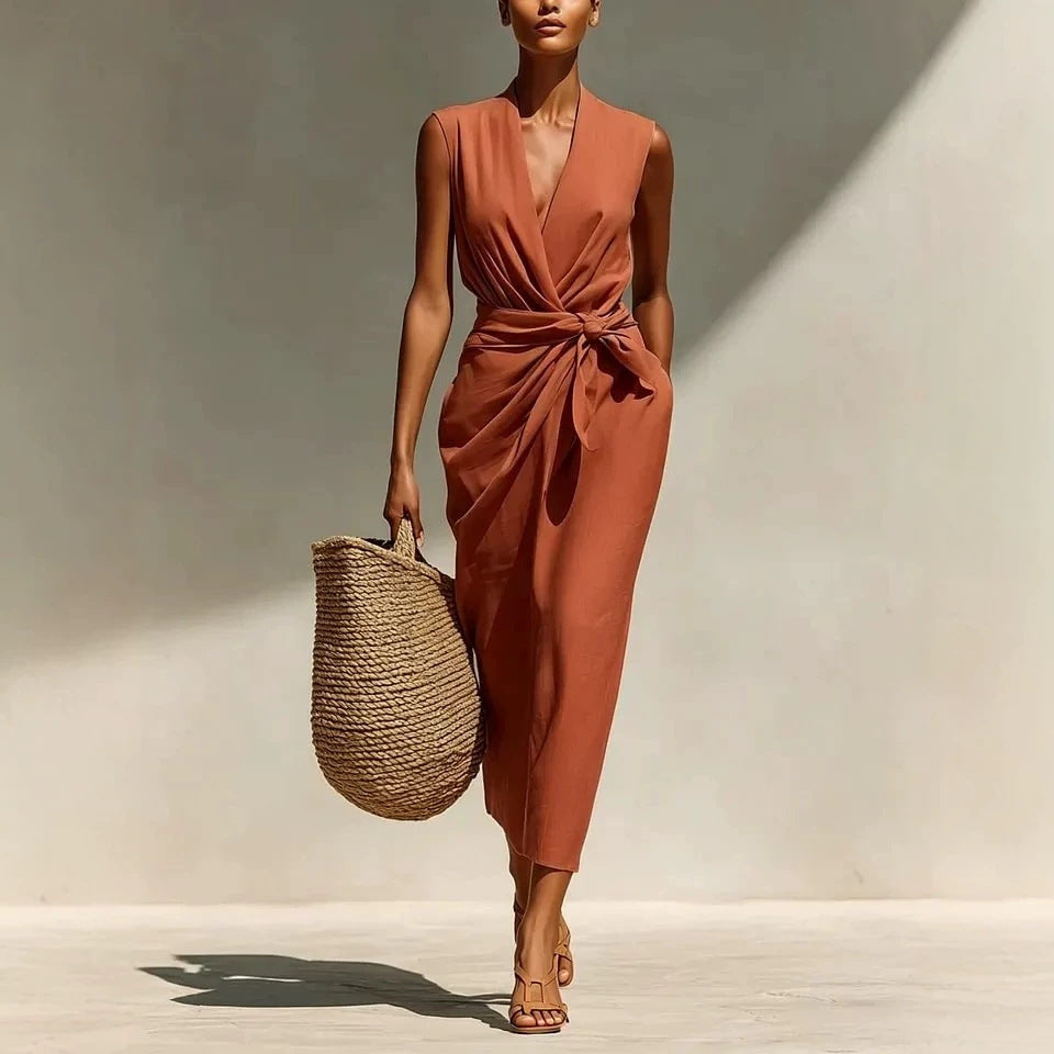 Solid-color Sleeveless Cotton-linen Feel Midi Dress 