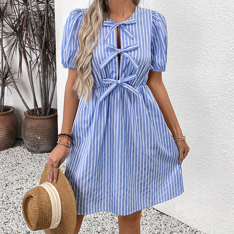 Women's Striped Tie Front Puff Sleeve Summer Casual Mini Dresses Loose Flowy Sundress CJ US